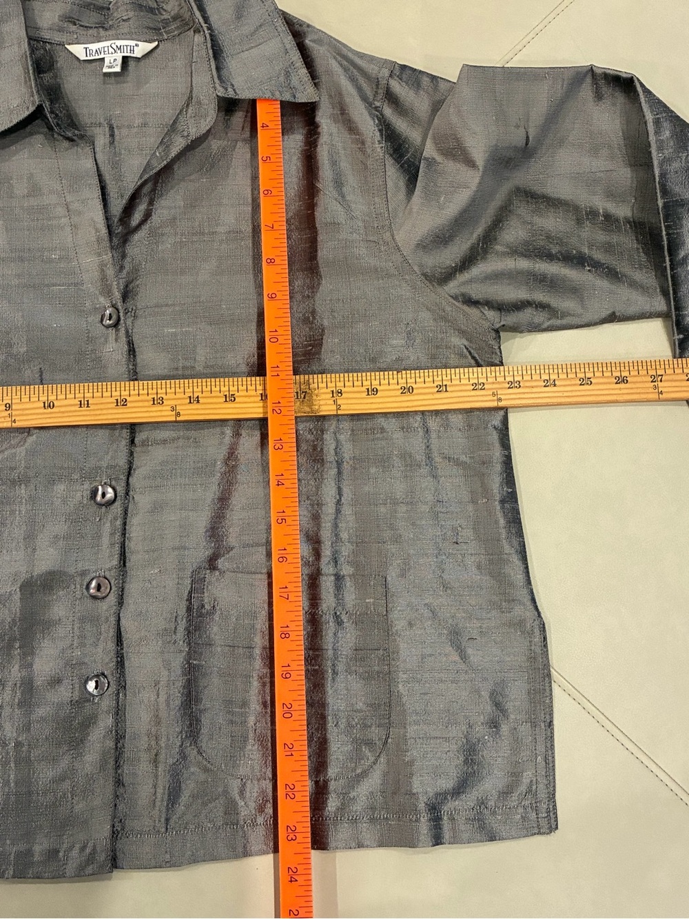 💯 Silk Large Evening Formal top Silver Metallic Gray Button-down Blouse w/collar - Picture 8 of 16